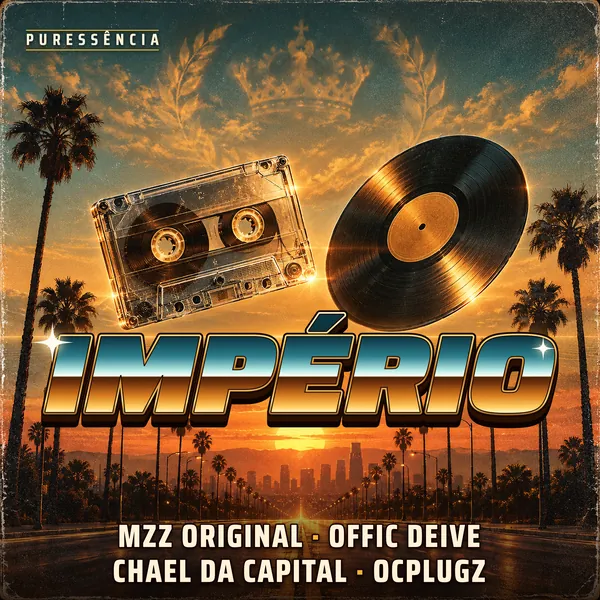 Official cover of Império (Cruaseca): a cassette and a record over a palm-lined avenue at sunset, with the artists' names