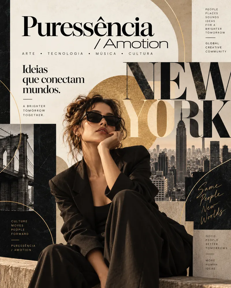 Capa conceitual New York, Ideias que conectam mundos: uma mulher de terno preto e óculos escuros sentada diante de uma colagem com a ponte, os arranha-céus e as letras da cidade