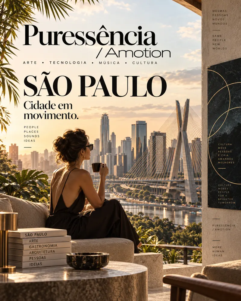 Capa conceitual São Paulo, Cidade em movimento, com o logotipo Puressência / Amotion: uma mulher de vestido preto toma café num terraço diante dos prédios e da ponte estaiada ao entardecer