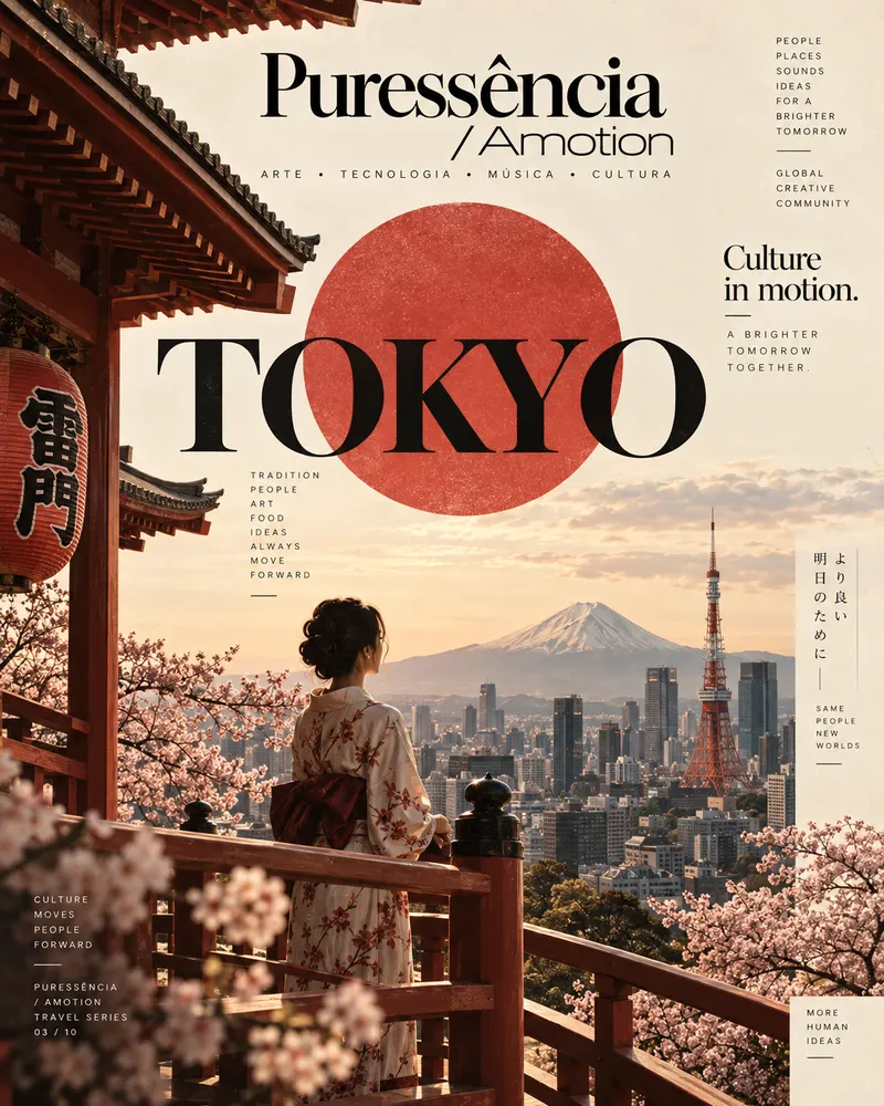 Capa conceitual Tokyo, Culture in motion: uma mulher de quimono na varanda de um templo, entre cerejeiras, olha a cidade, uma torre vermelha e o monte Fuji sob um grande círculo vermelho