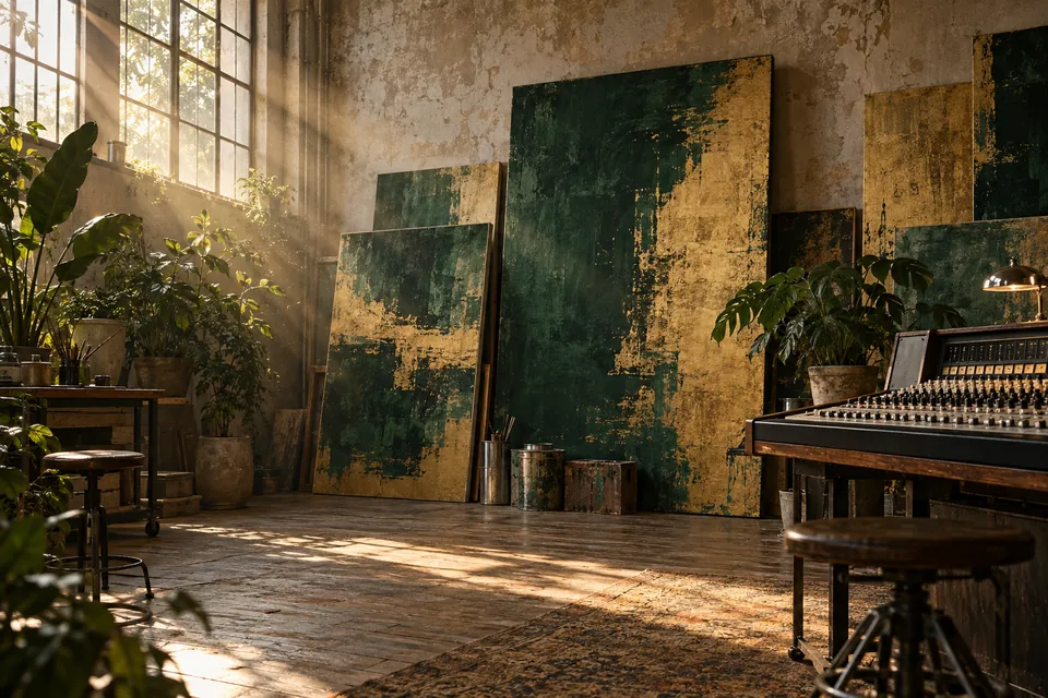 Imagem Puressência: ateliê com telas em verde e ouro, plantas e uma mesa de som, na luz que entra pelas janelas